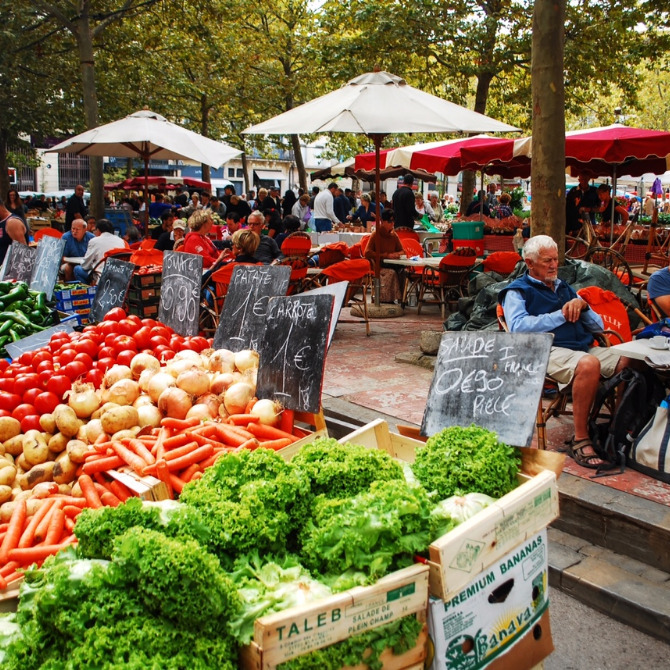 Cafés and weekly farmers market on Place Carnot Carcassonne