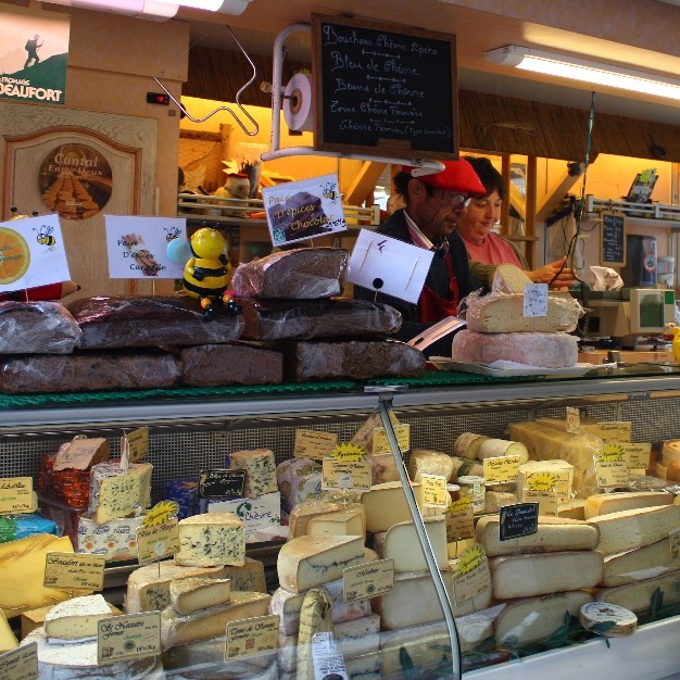 Local cheeses on the weekly farmers market in Carcassonne